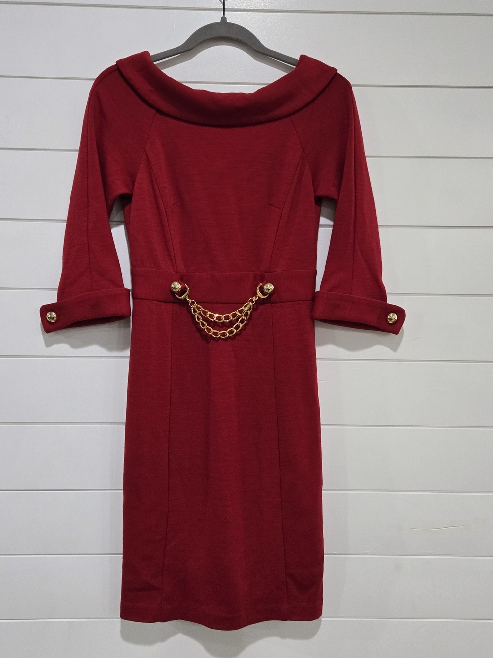 Milly Womens 0P Petite Red Wool Blend Knit Collared Sheath Dress Chain Holiday